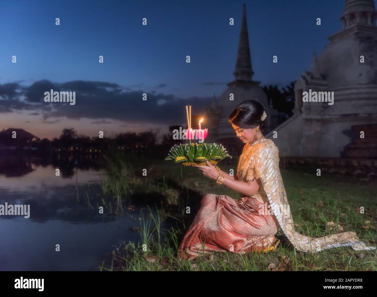 Loy Krathong Traditional Festival, Thai woman hold kratong, Thailand Stock Photo
