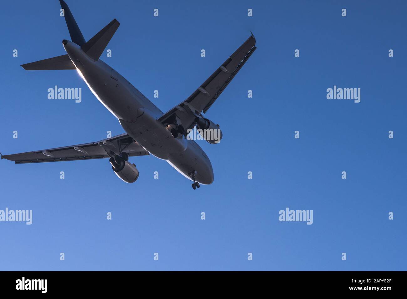 Close view to landing passenger jet with clear sky Stock Photo