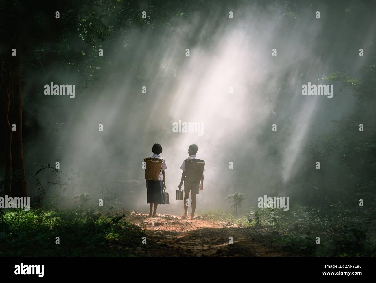 Boy and Girl go hiking on a forest road, Thailand Stock Photo