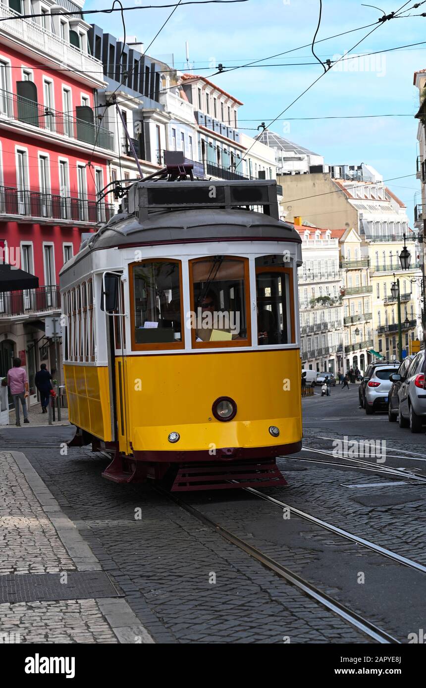 an yellow tram in Lisbon, Portugal Stock Photo