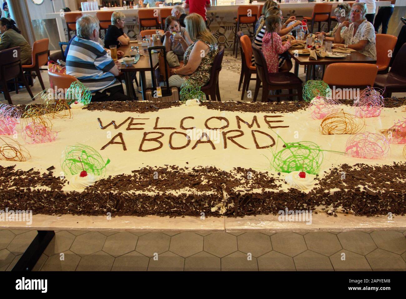 SOUTHAMPTON, UNITED KINGDOM - Jun 01, 2019: A massive cake with welcome a  board wrote on top for guests on the independence of the seas cruise ship  as Stock Photo - Alamy