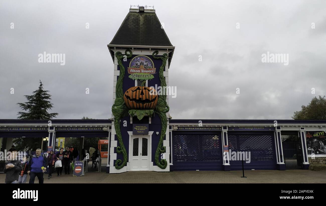 ALTON, UNITED KINGDOM - Oct 26, 2019: Entrance to Alton Towers Resort during halloween scarefest. Is a theme park resort located in Staffordshire, Eng Stock Photo
