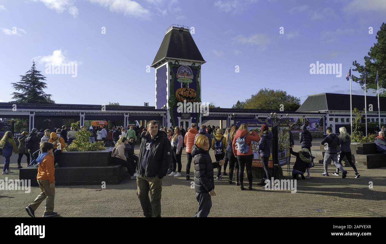 ALTON, UNITED KINGDOM - Oct 26, 2019: Entrance to Alton Towers Resort during halloween scarefest. Is a theme park resort located in Staffordshire, Eng Stock Photo