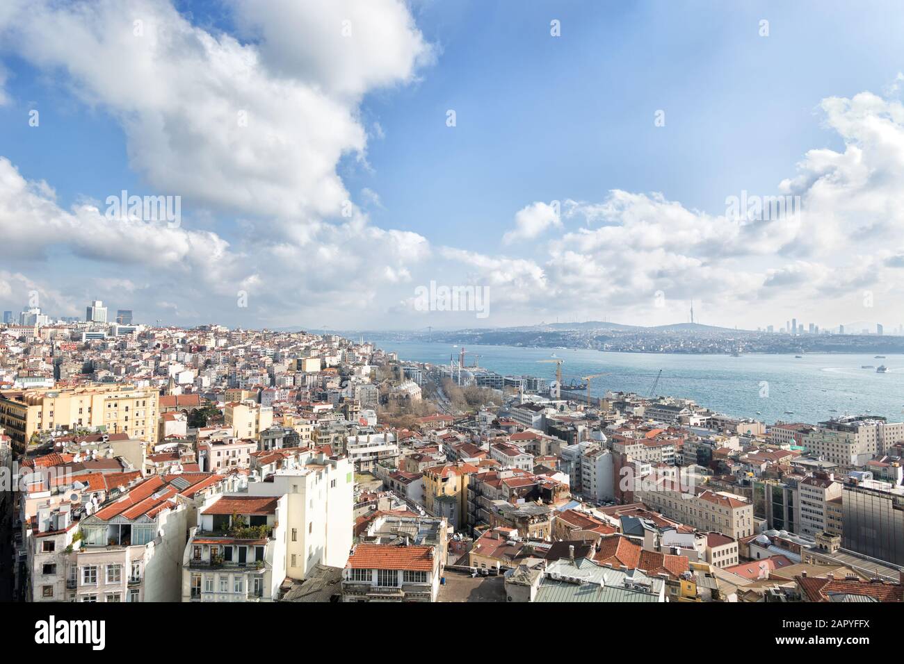 Panoramic view over the city and Bosporus from Galata tower in Istanbul, Turkey Stock Photo