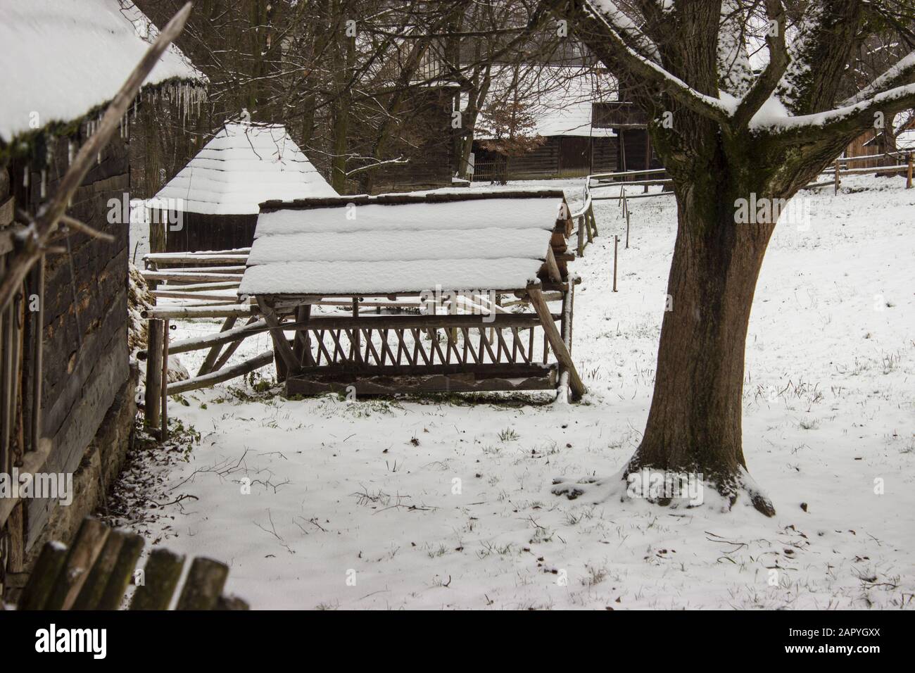 Feeder for animals in snowy landscape in roznov pod radhostem in czech republic Stock Photo