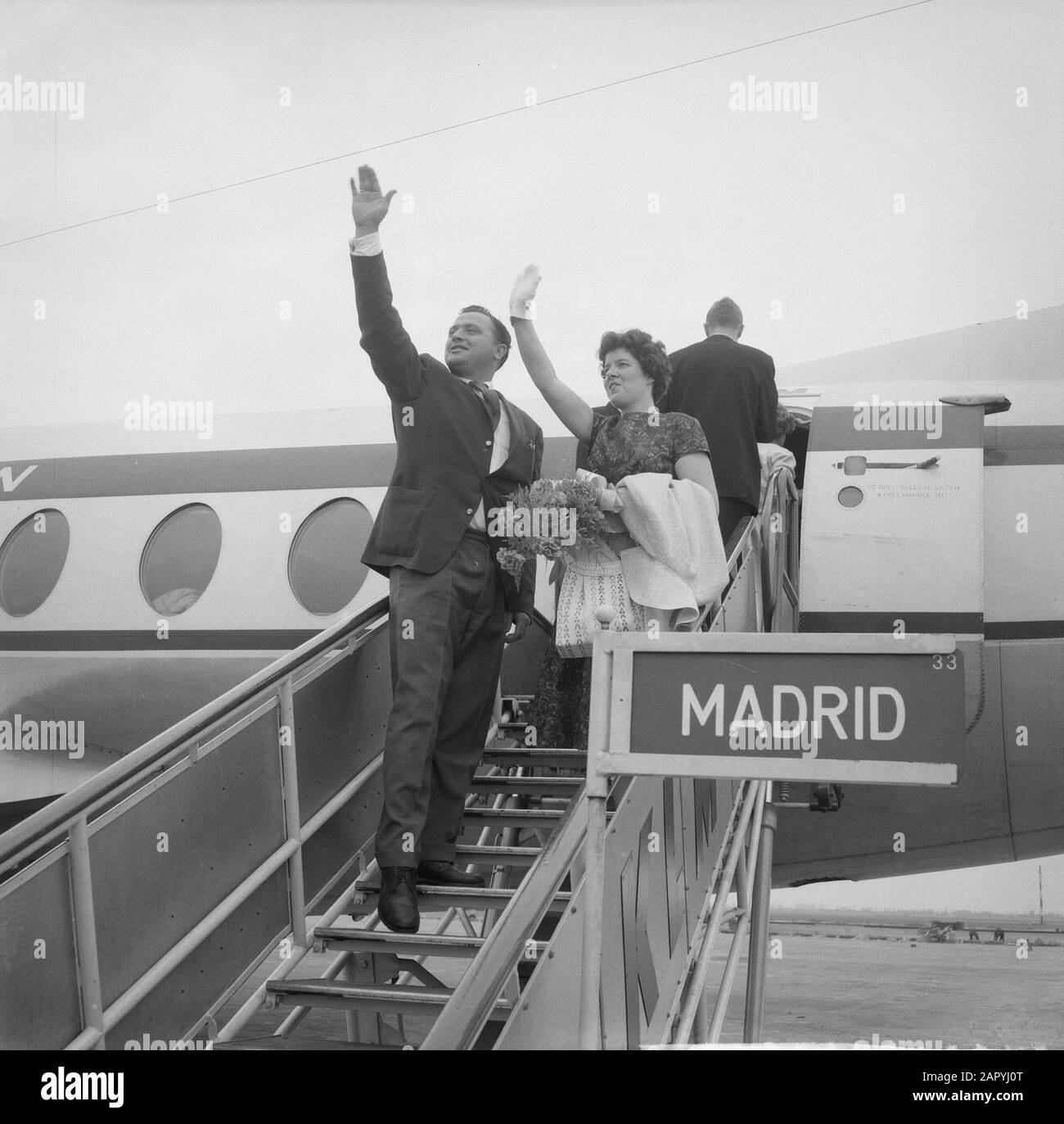 Departure of the couple From the Mark from Utrecht to Nice Annotation: The plane has final destination Madrid Date: May 13, 1960 Location: Schiphol Keywords: arrival and departure, couples, etc. aircraft Stock Photo