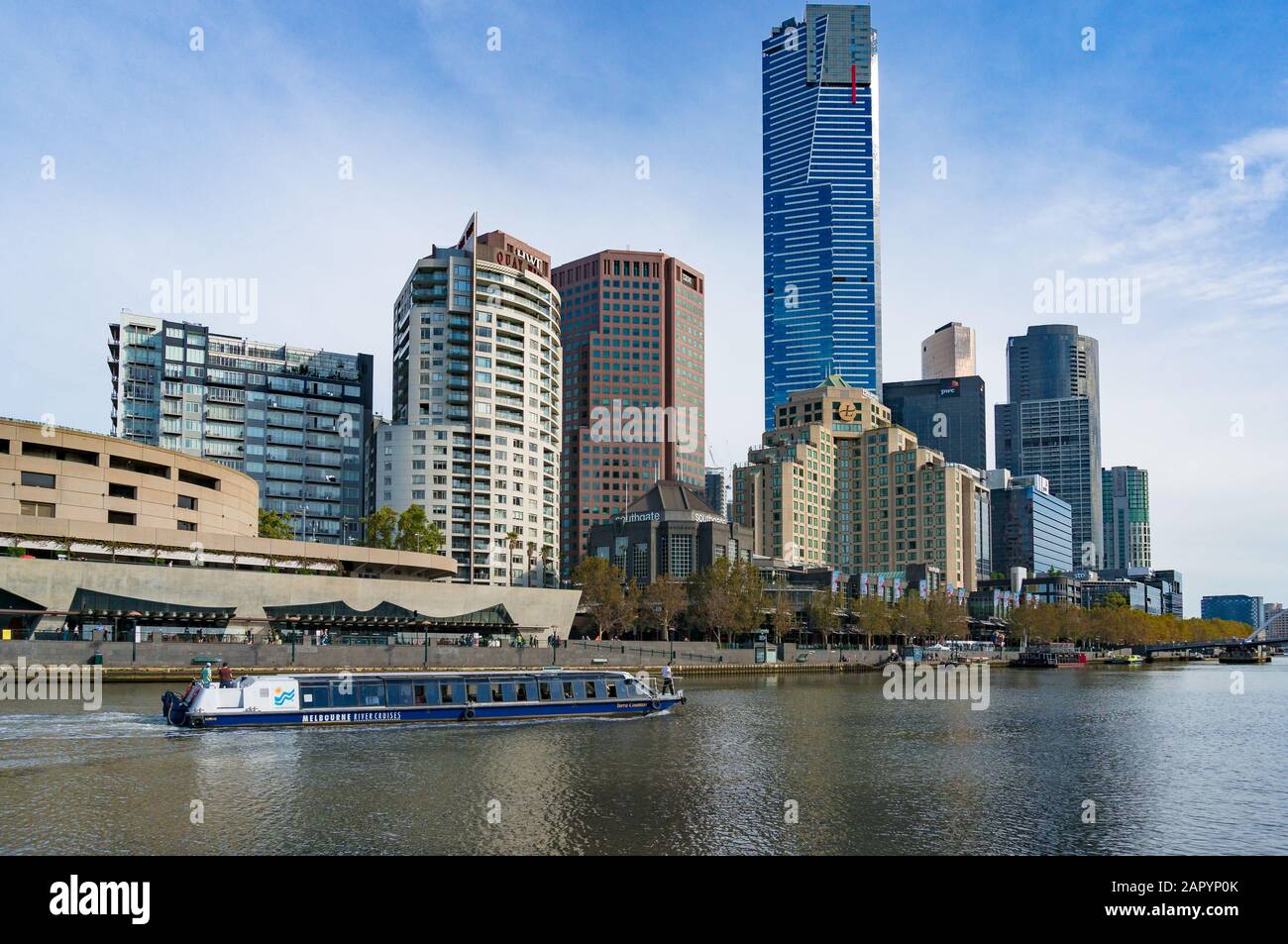 Melbourne, Australia - April 20, 2017: Melbourne river cruises boat with Eureka tower and Melbourne cityscape on the background Stock Photo