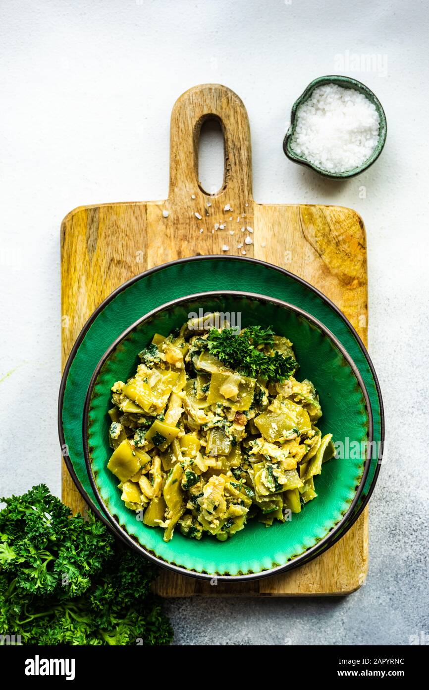 Traditional summer lobio dish with french beans with eggs and