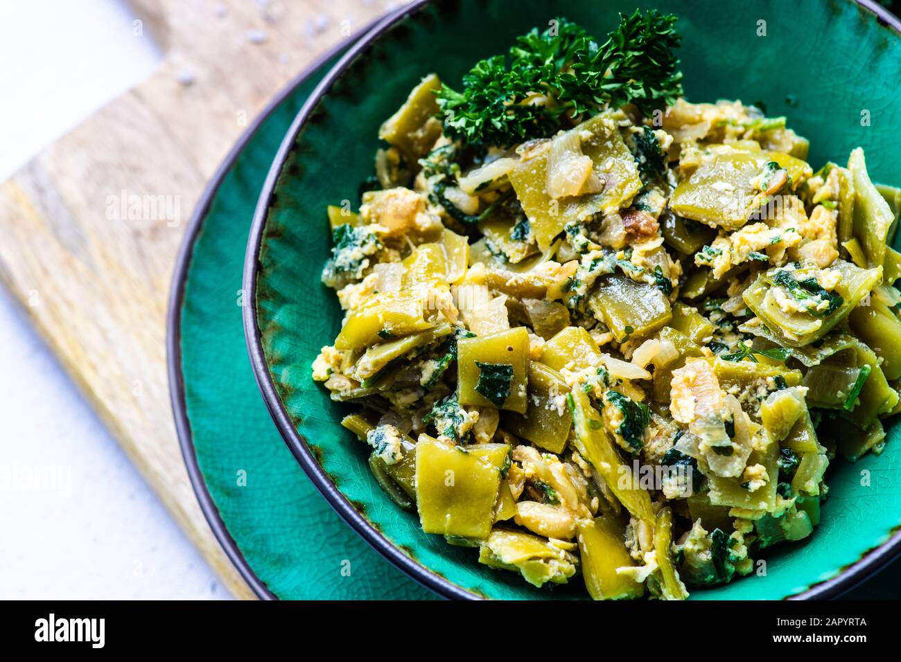 Traditional summer lobio dish with french beans with eggs and