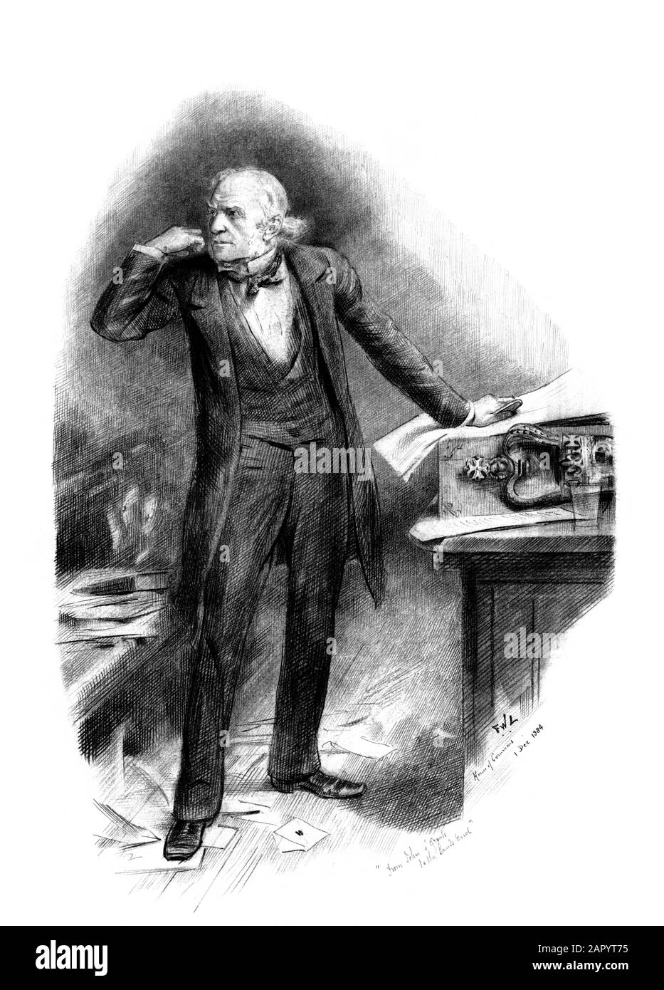 Vintage portrait of William Ewart Gladstone (1809 – 1898) – the British Liberal politician who served as Prime Minister of the United Kingdom on four occasions between 1868 and 1894. Print circa 1884 depicts Gladstone speaking in the House of Commons. Stock Photo