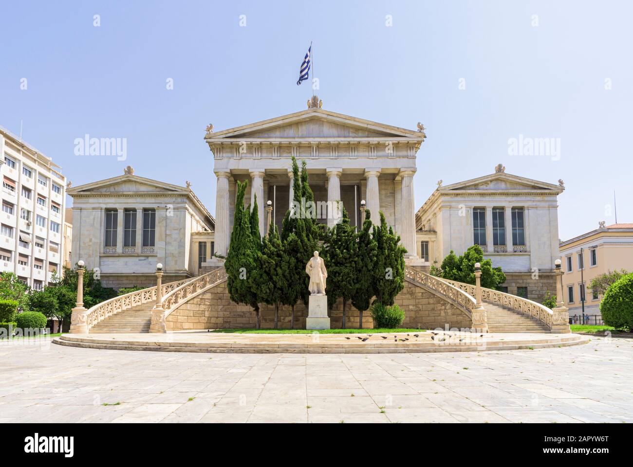National Library of Greece facade and Andreas Vallianos statue, Athens Stock Photo