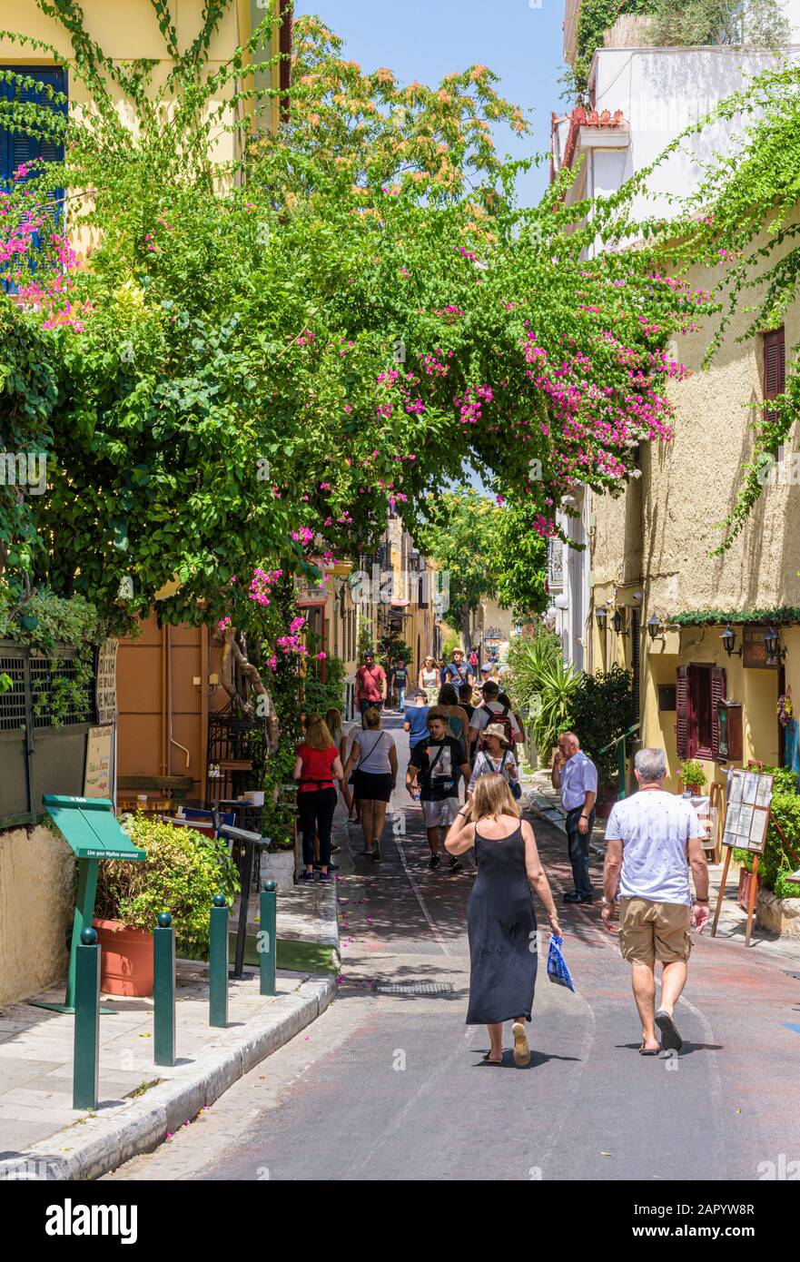 Bougainvillea filled streets of the old Plaka neighborhood of Athens, Greece Stock Photo