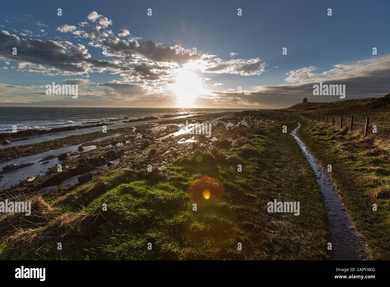 Fife Coastal Path, Scotland. Picturesque silhouetted view of the Fife Coastal Footpath between