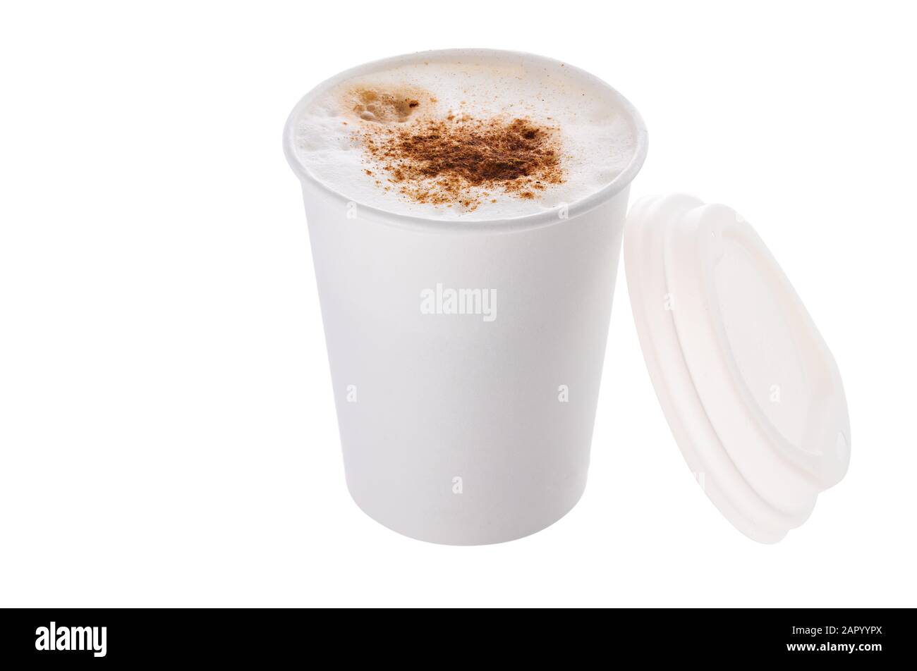 Coffee with milk or cappuccino with cinnamon in a plastic cup take