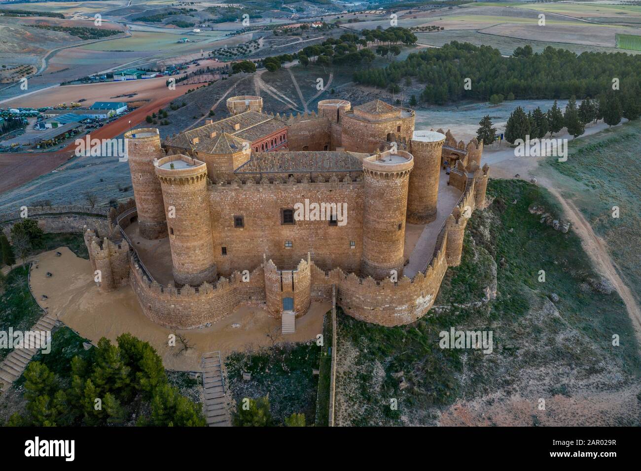 Aerial view of Belmonte castle in Cuenca Spain with circular walls, six