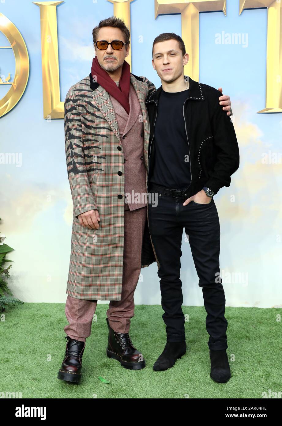 Robert Downey, Jr. (left) Tom Holland during Dolittle premiere at Leicester Square, London. Stock Photo
