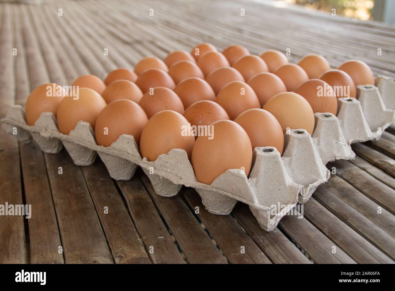 Brown chicken eggs are lined up in a tray. Many brown chicken eggs are together in a tray. There is a bamboo background. Stock Photo