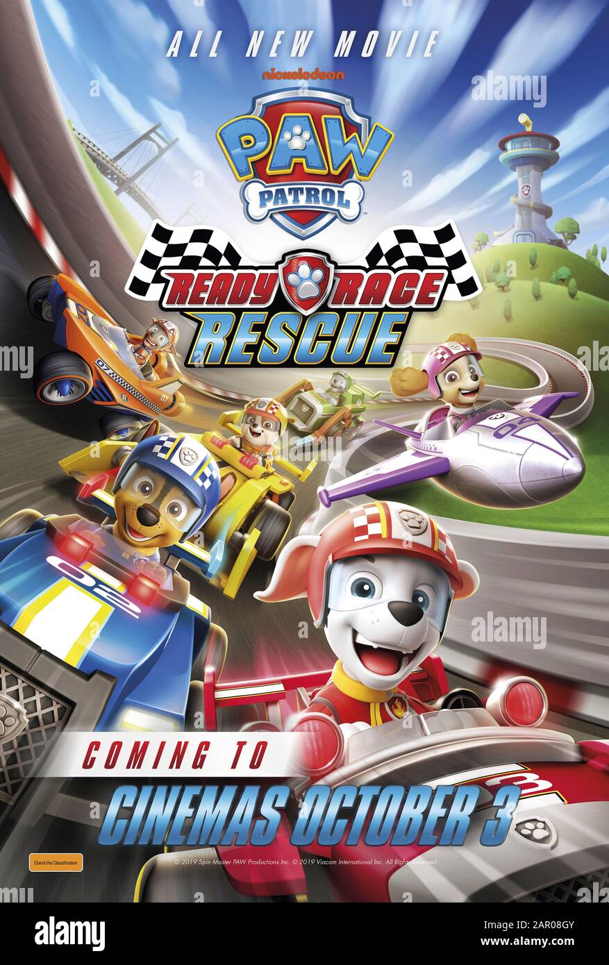 Paw Patrol: Ready, Race, Rescue! (2019) directed by Charles E. Bastien and starring Anya Cooke, Cathal J. Dodd and Isaac Emberson-Heeks. Big screen outing for the successful Canadian CGI–animated television series about a team of search and rescue dogs who build an amazing race track. Stock Photo