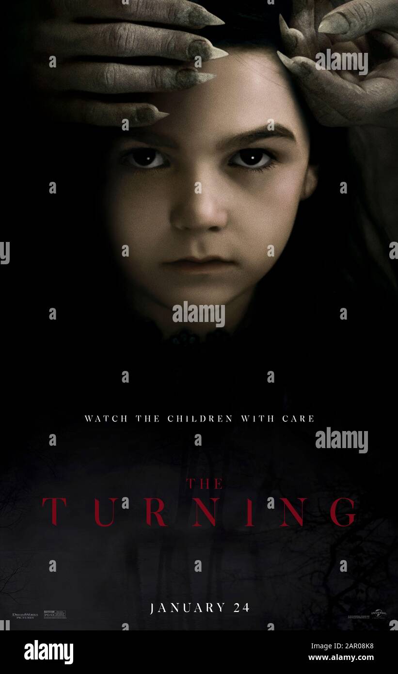 The Turning (2020) directed by Floria Sigismondi and starring Mackenzie Davis, Finn Wolfhard, Brooklynn Prince and Joely Richardson. Supernatural horror about a young governess hired by a wealthy family to look after two children, based on The Turn of the Screw by Henry James. Stock Photo