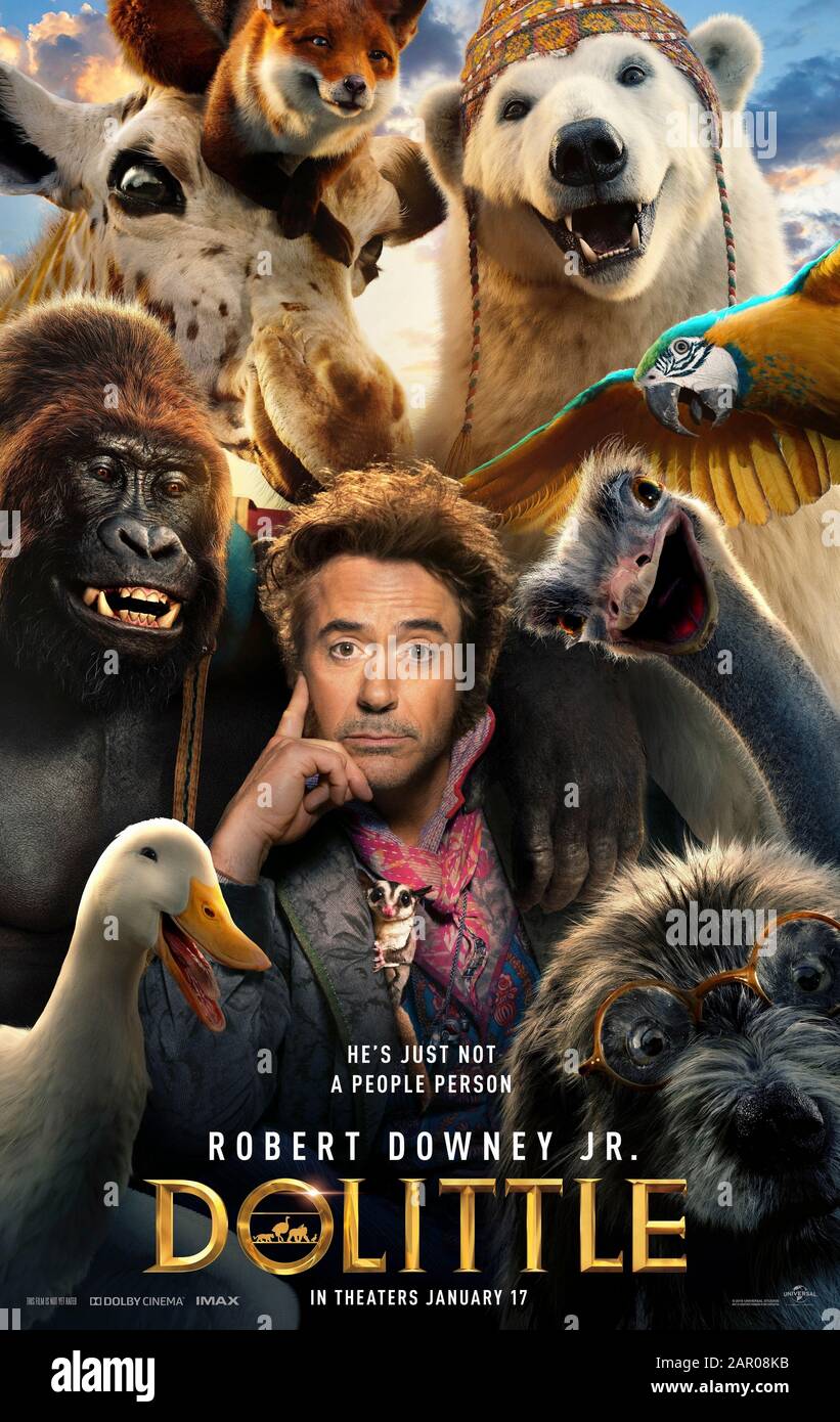 Dolittle (2020) directed by Stephen Gaghan and starring Robert Downey Jr., Antonio Banderas, Michael Sheen and Jim Broadbent. Huge Lofting’s much loved character Dr Dolittle returns to the big screen on a mission to find a healing tree and save the Queen of England. Stock Photo
