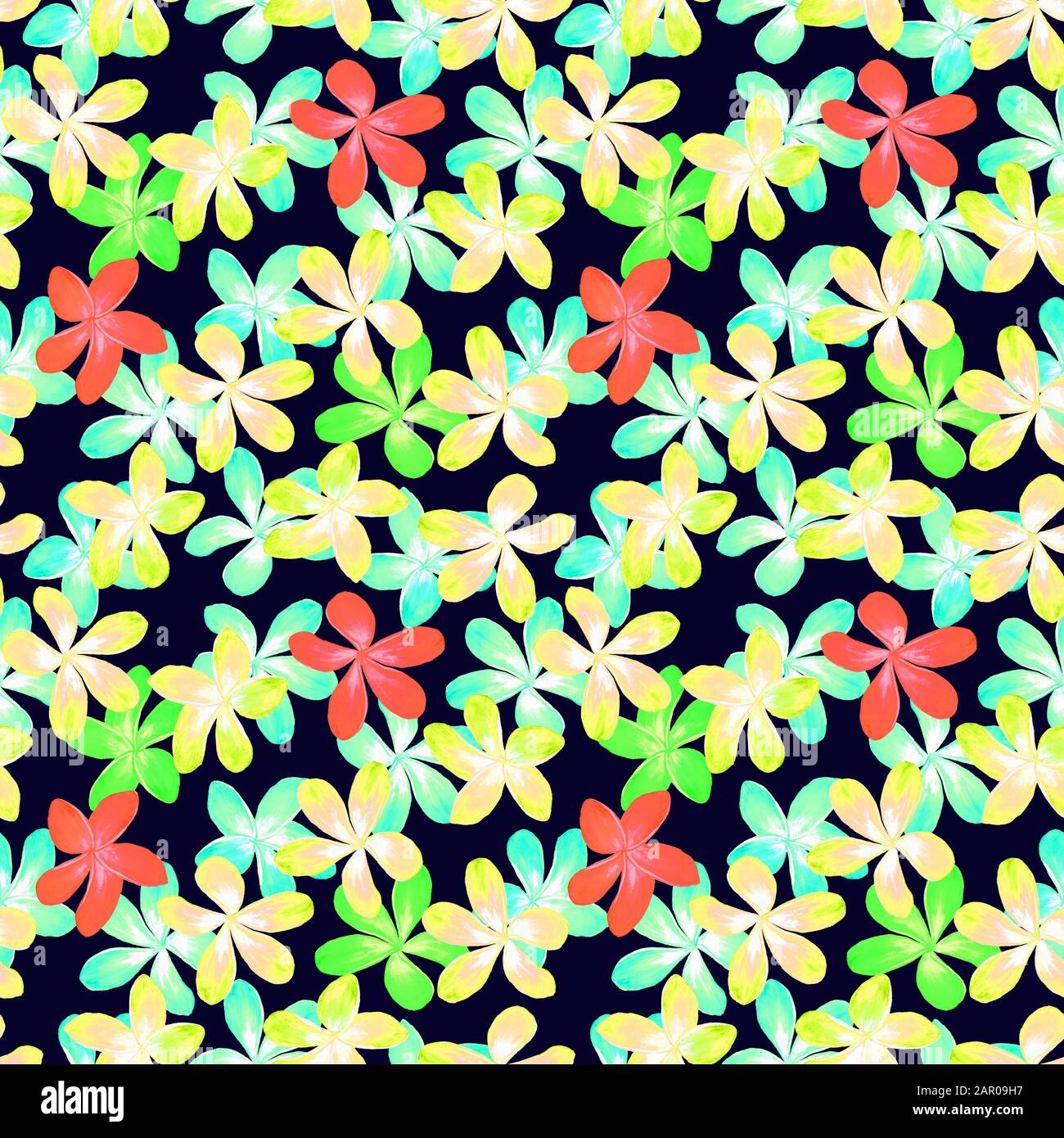 Plumeria colorful flowers, watercolor illustration, seamless pattern design on dark background Stock Photo