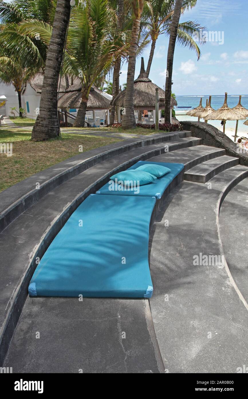 Amphitheatre stair seats, matresses and pillows, Veranda Palmar Beach Hotel and Spa, Mauritius. Stock Photo