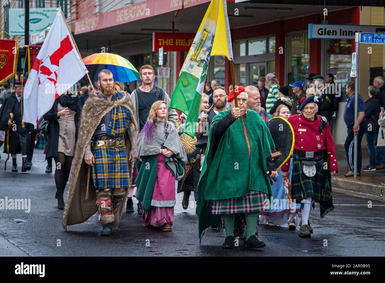 Traditional costumes during street parade for opening of the Glen Innes Celtic Festival NSW Stock Photo