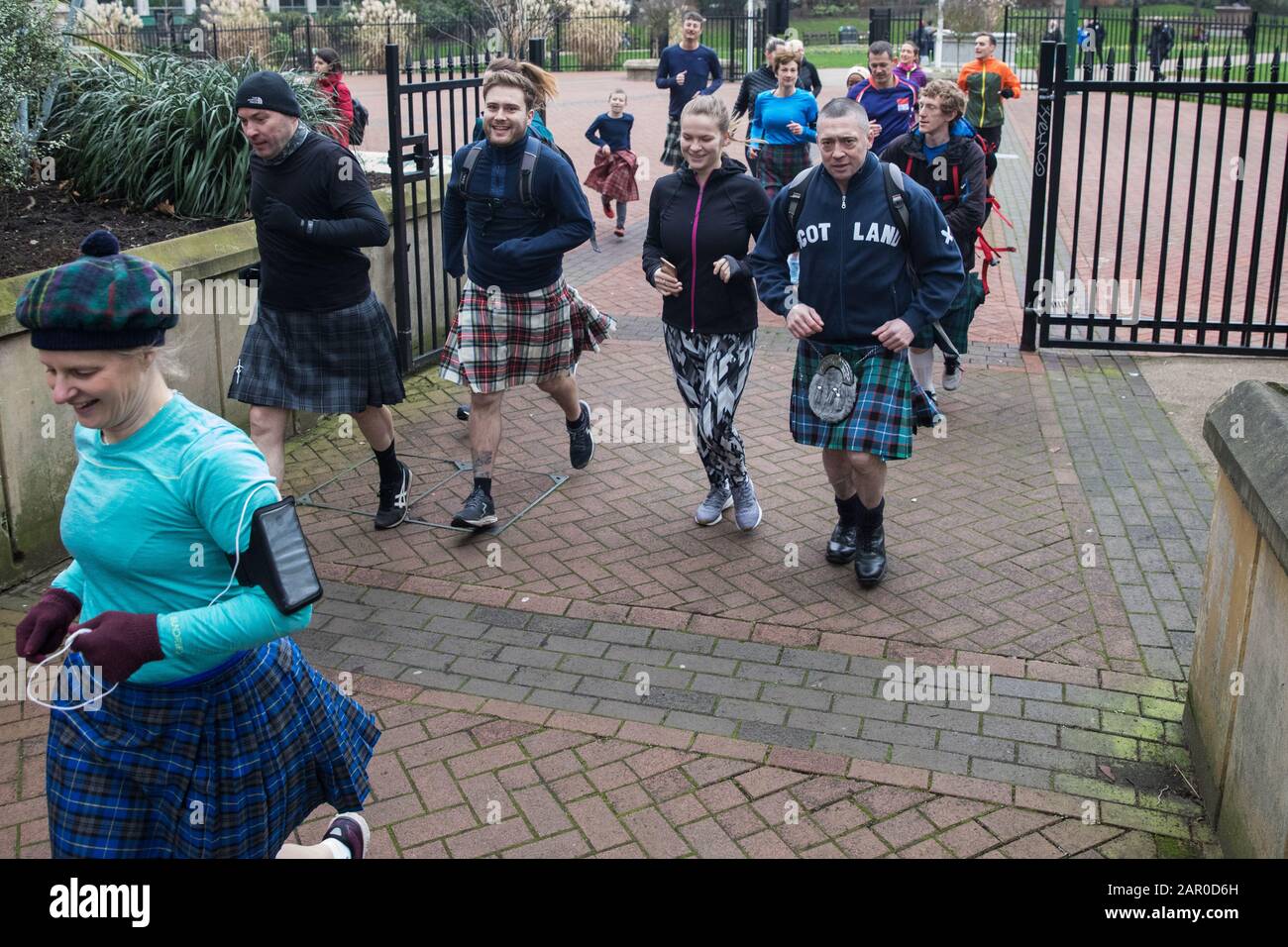 London, UK. 25 January, 2020. Participants wearing kilts take part in the annual London Kilt Run