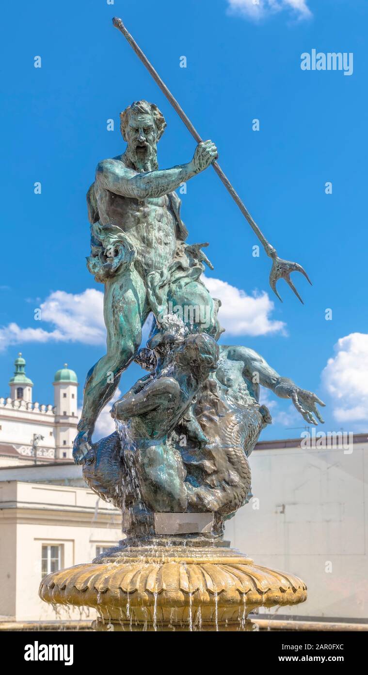 Neptune fountain on market square in Poznan. Poland Stock Photo