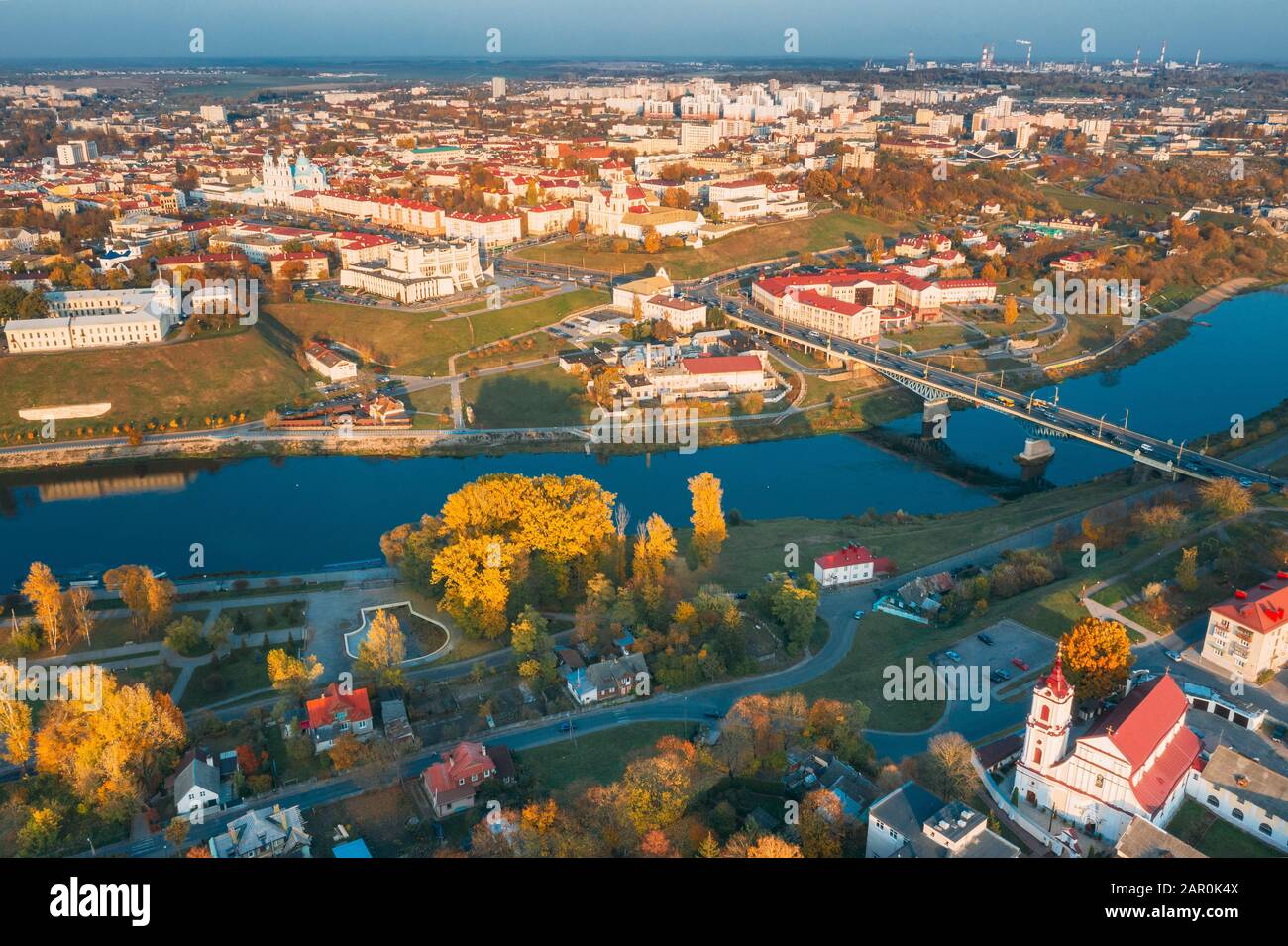 Grodno, Belarus. Aerial Bird's-eye View Of Hrodna Cityscape Skyline ...