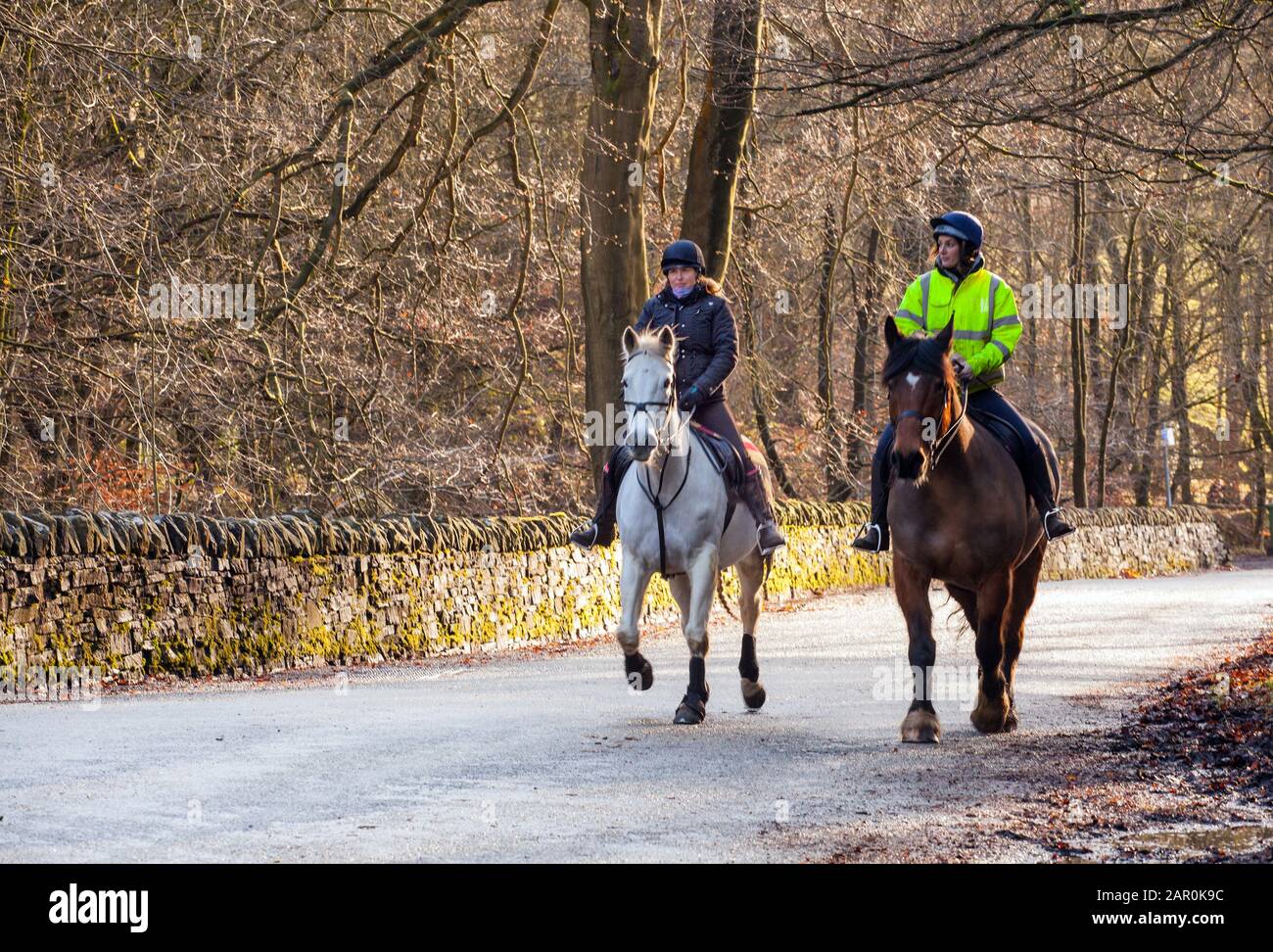 Two horse riders riding horses hacking along a quiet country Peak district lane in the winter in the English countryside Stock Photo