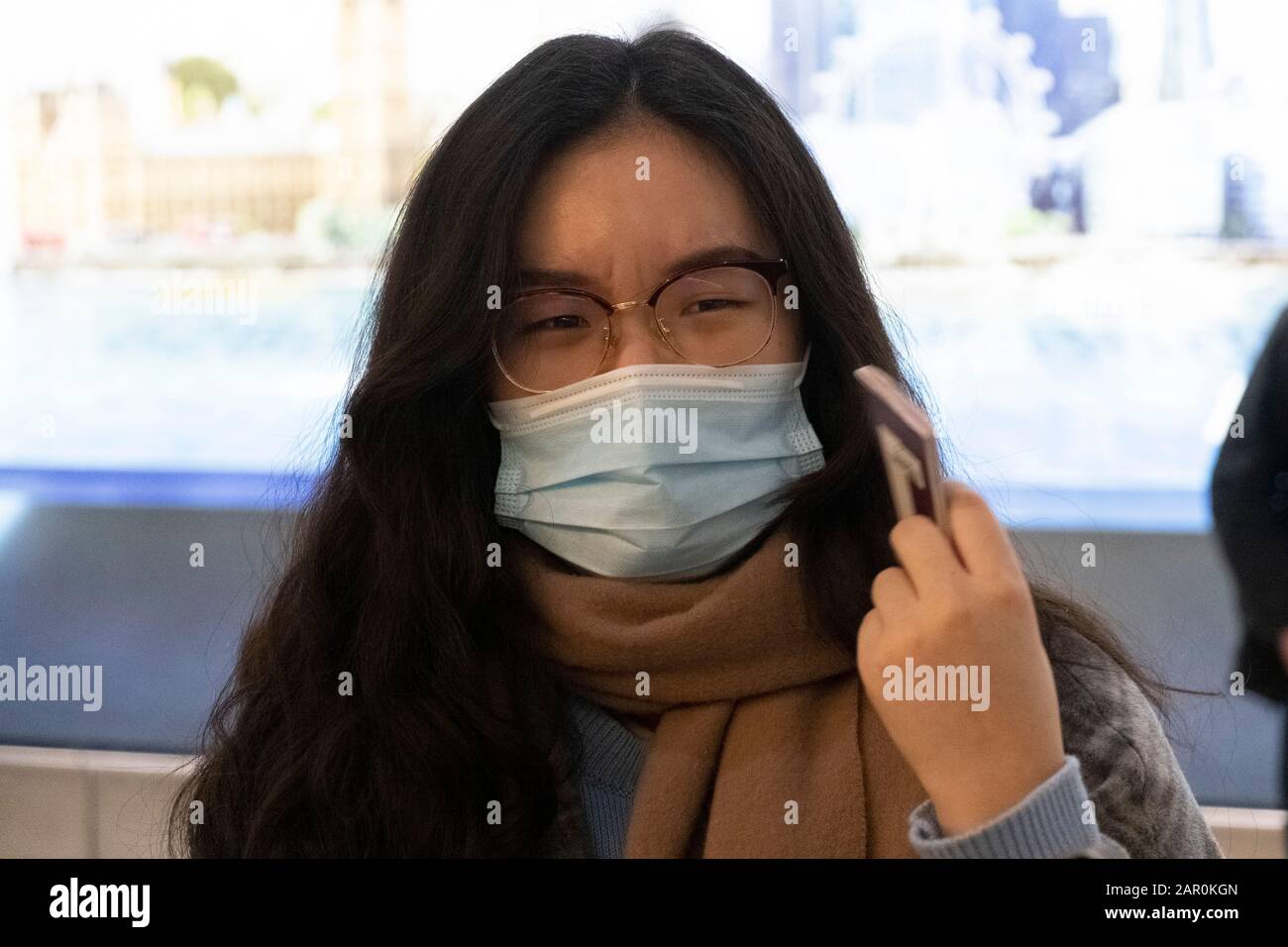 22 January 2020. London, United Kingdom. A passenger arrives wearing a