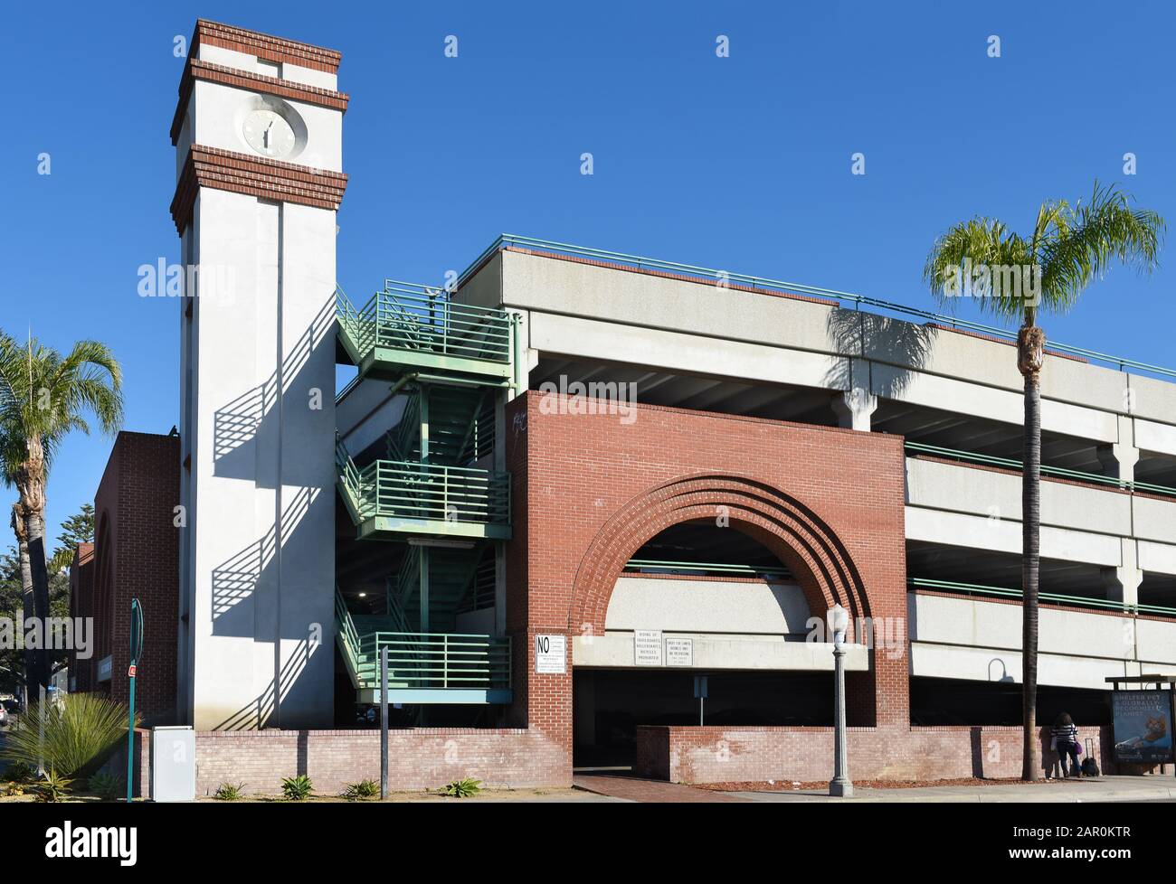 FULLERTON, CALIFORNIA - 24 JAN 2020: Parking structure in the downtown area of Fullerton near the Train Station at Santa Fe Avenue and Pomona Avenue. Stock Photo