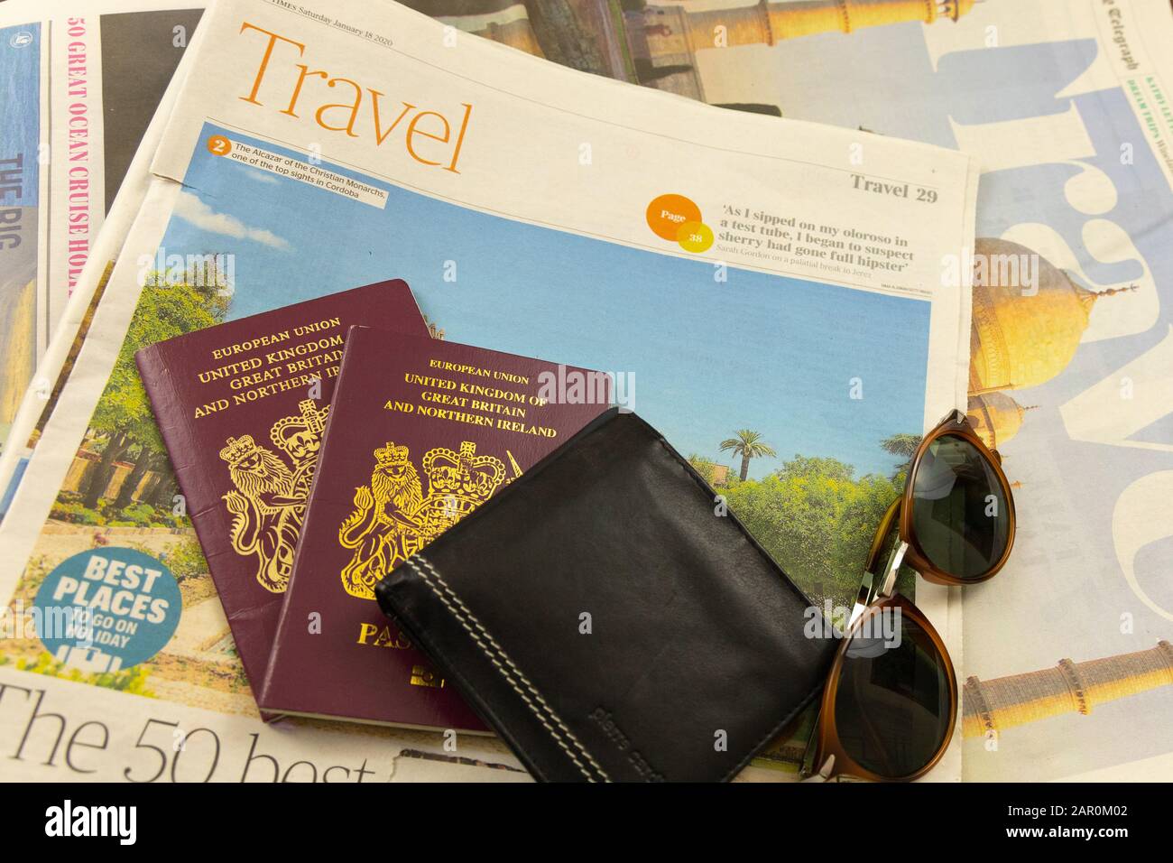 Travel pages of broadsheet papers from the UK Stock Photo