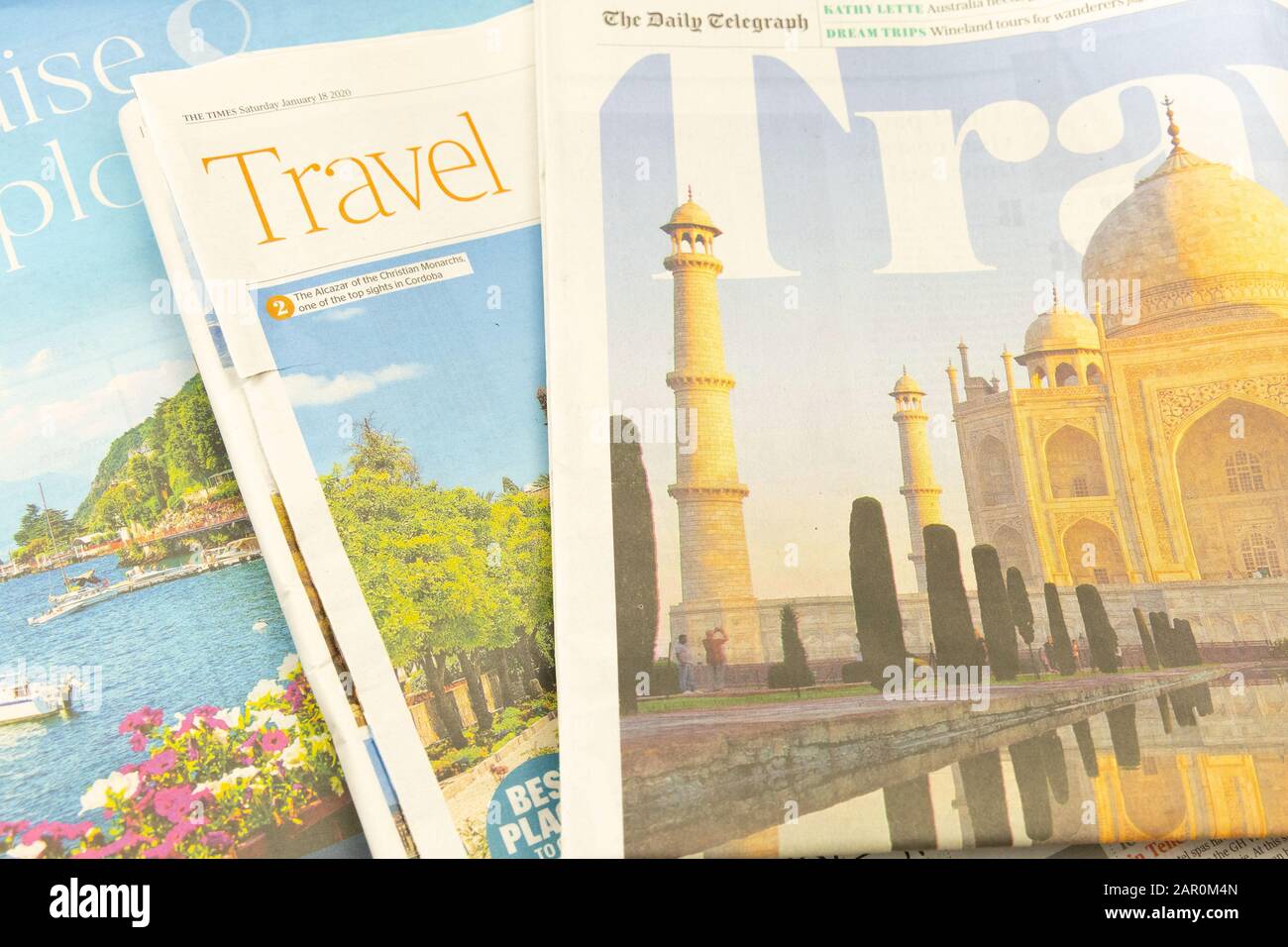 Travel pages of broadsheet papers from the UK Stock Photo