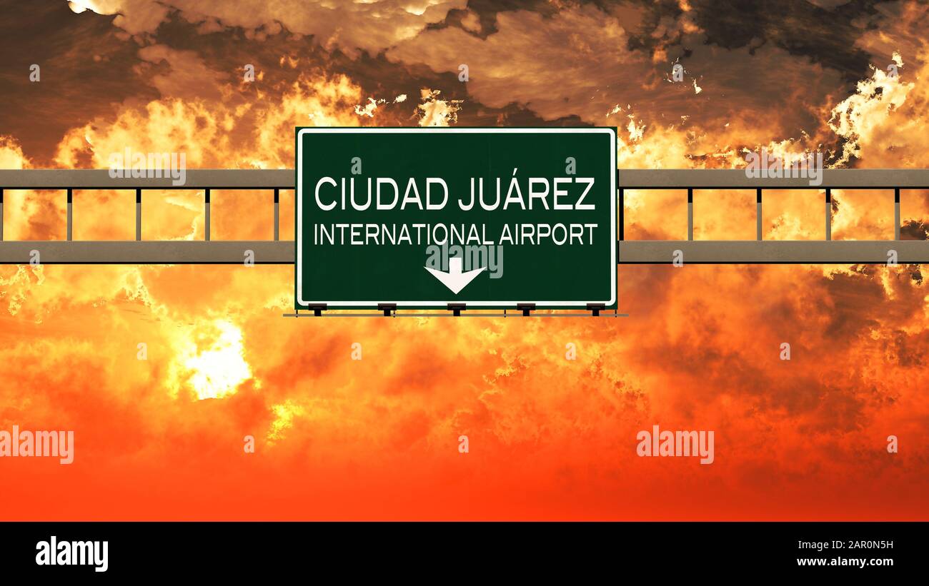 Ciudad Juarez Mexico Airport Highway Sign in an Amazing Sunset Sunrise 3D Illustration Stock Photo