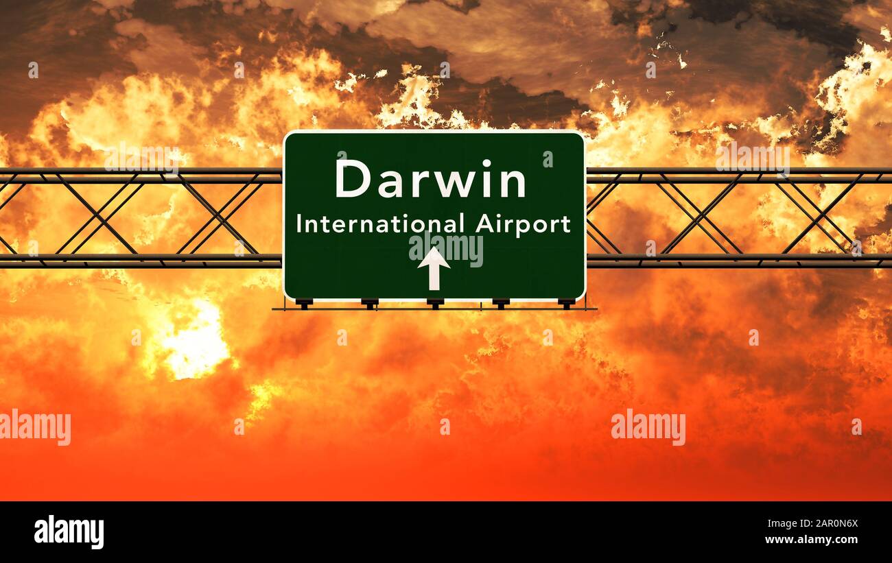 Darwin Australia Airport Highway Sign in an Amazing Sunset Sunrise 3D Illustration Stock Photo