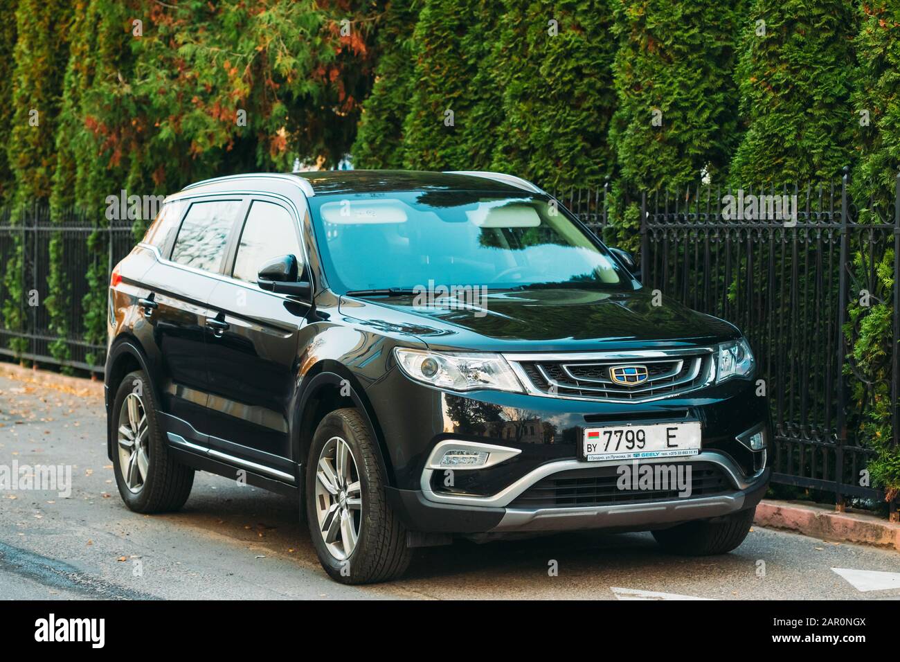 Grodno, Belarus - October 16, 2019: Black Geely Boyue (Geely Atlas) Car Parking At Street. The Geely Boyue Is A Compact Crossover Suv Produced By The Stock Photo