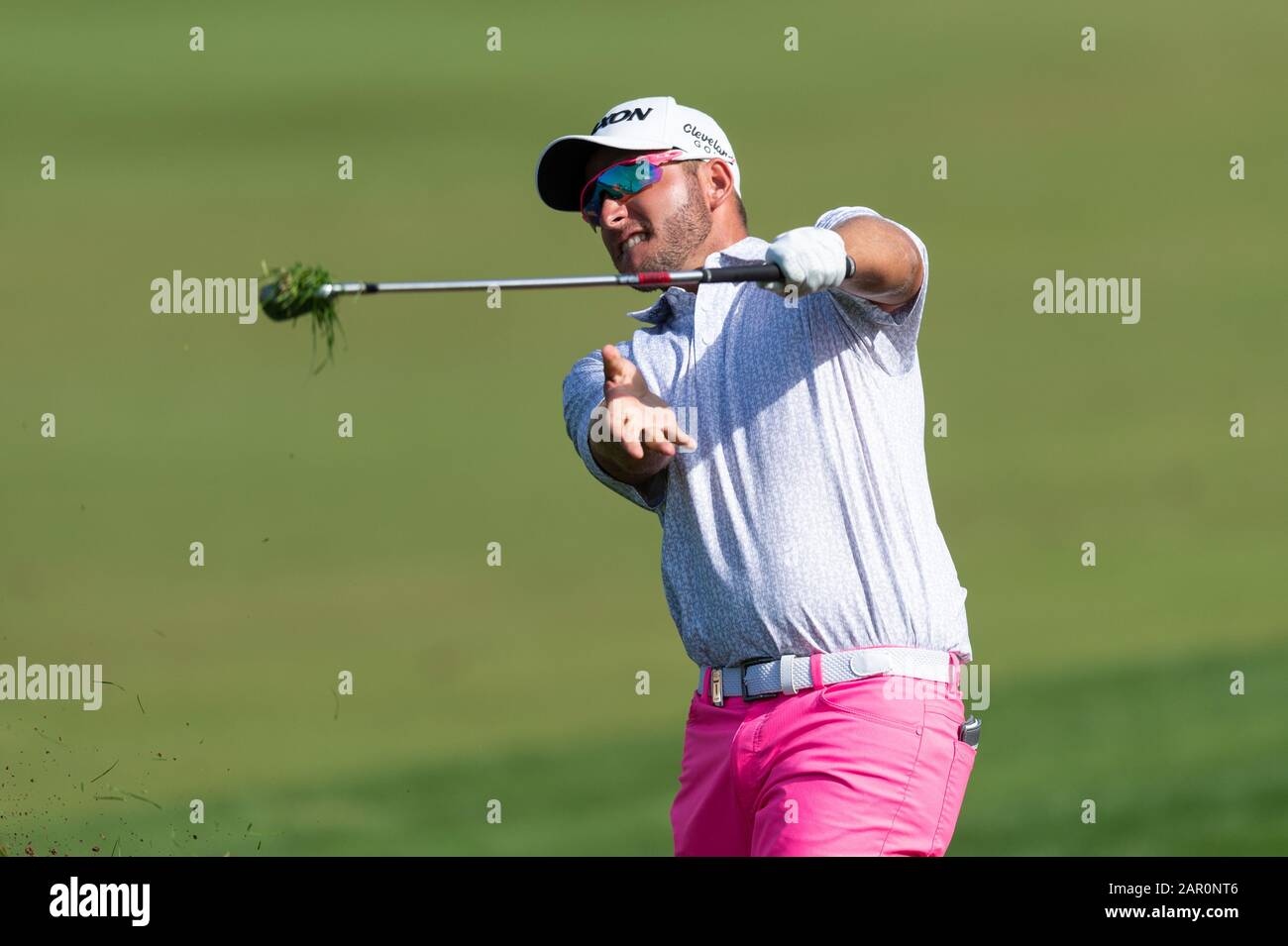 Dean Burmester of South Africa plays a shot to the eighth green in round 3  during the PGA European Tour Dubai Desert Classic at Emirates Golf Club,  Dubai, UAE on 25 January