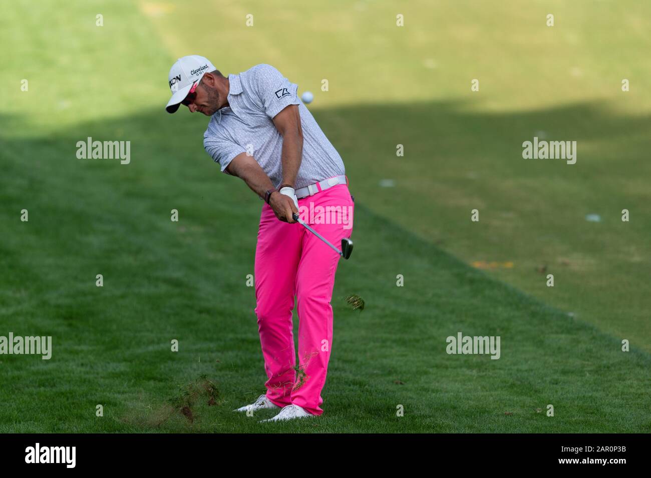 Dean Burmester of South Africa plays a shot to the 14th green in round 3  during the PGA European Tour Dubai Desert Classic at Emirates Golf Club,  Dubai, UAE on 25 January