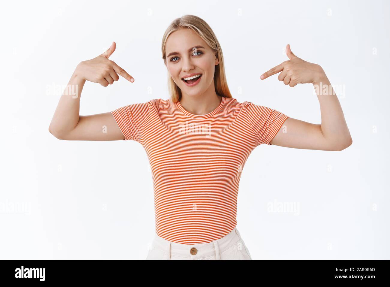 Proud Boastful Good Looking Stylish Young Woman With Blond Hair Tattoos Standing Striped T Shirt Pointing Herself As Bragging Smiling Sassy Show Stock Photo Alamy