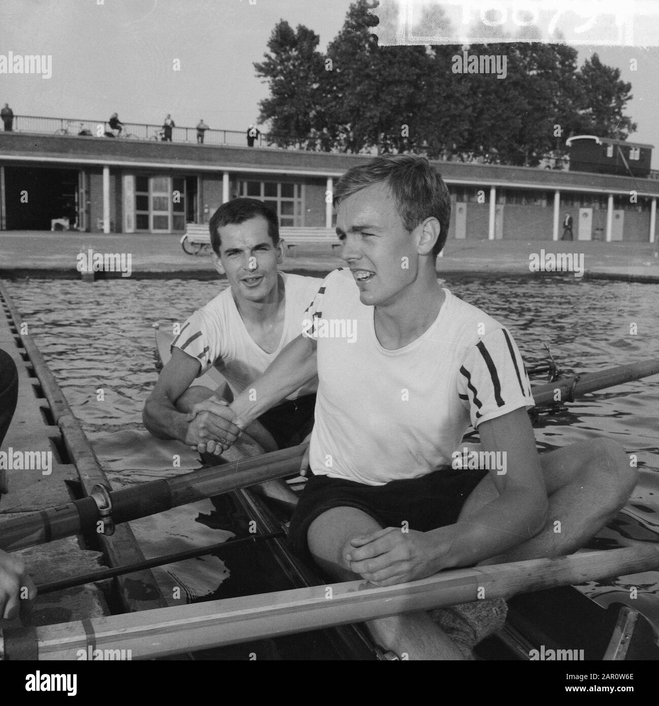 National championships rowing at the Bosbaan for men the two without mate Blaisse and Veenemans (Nereus) Date: 24 July 1964 Location: Amsterdam, Amsterdamse Bos, Bosbaan, Noord-Holland Keywords: CHAMPIES, ROWING, helmsmen Institution name: Nereus Stock Photo