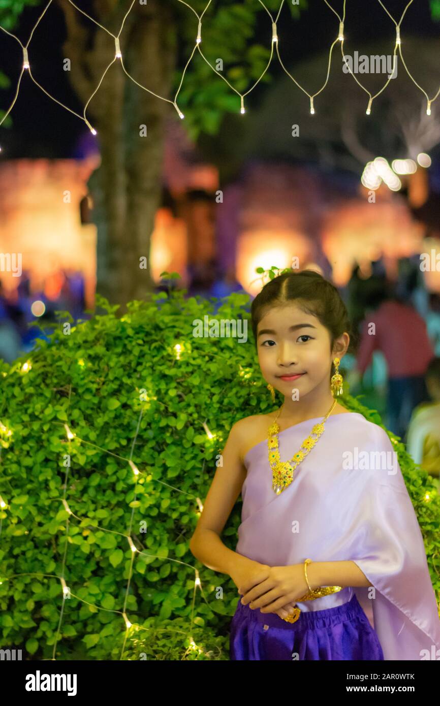 Feb 16, 2019, Girl wearing Thai national costumes, In the annual event, Lop Buri, Thailand Stock Photo