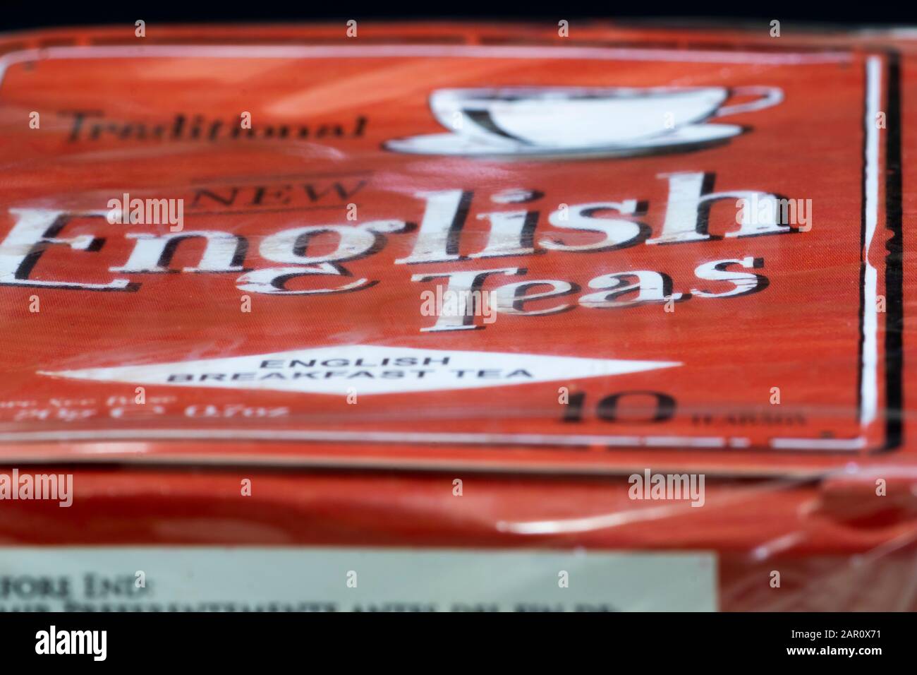 Sealed packet of English breakfast tea bags with shallow depth of field