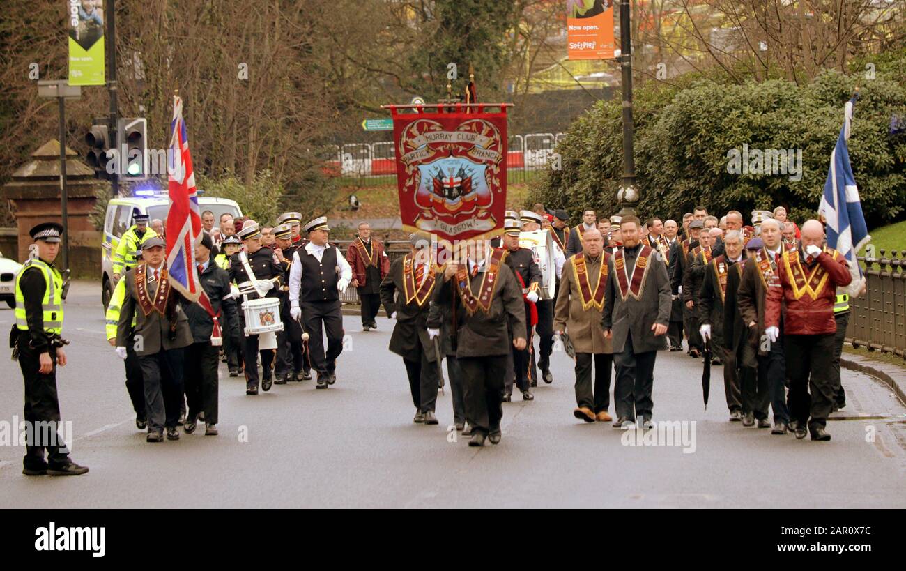 Glasgow, Scotland, UK, 25th January, 2020: Orange walk today as police escort as sectarian marches continue to cause controversy. Gerard Ferry/ Alamy Live News Stock Photo