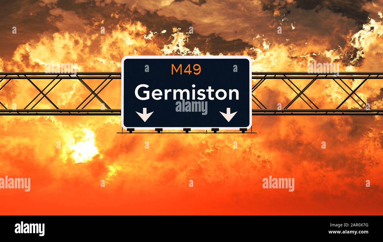 Germiston South Africa Highway Sign in a Breathtaking Sunset Sunrise 3D Illustration Stock Photo