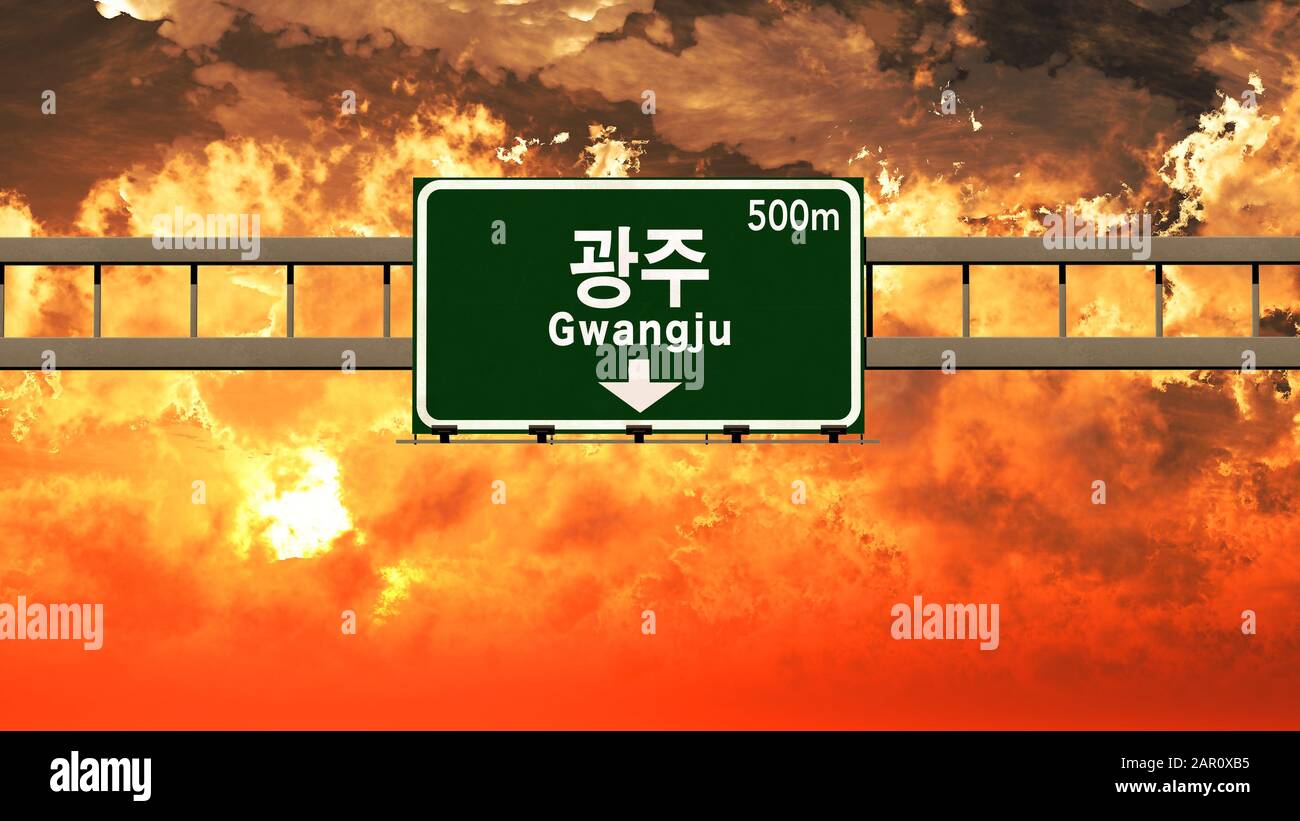 Gwangju South Korea Highway Sign in a Breathtaking Sunset Sunrise 3D Illustration Stock Photo