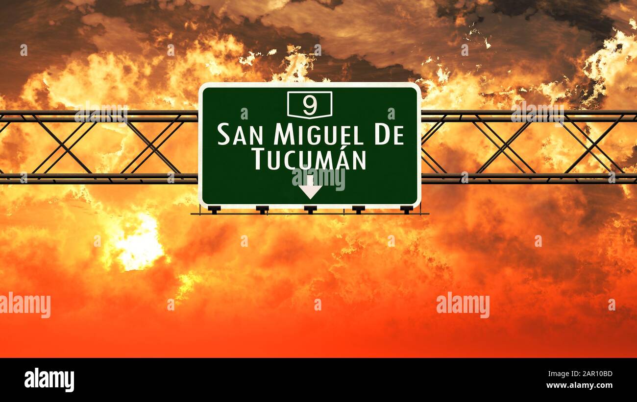 San Miguel De Tucuman Argentina Highway Sign in a Breathtaking Sunset Sunrise 3D Illustration Stock Photo