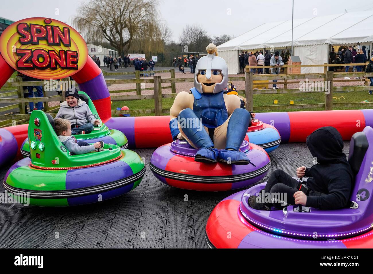 Sixways Stadium, Worcester, Worcestershire, UK. 25th Jan, 2020. Premiership Rugby, Worcester Warriors versus Wasps; Maximum the mascot for Worcester Warriors plays in the spin zone with the young fans Credit: Action Plus Sports/Alamy Live News Stock Photo