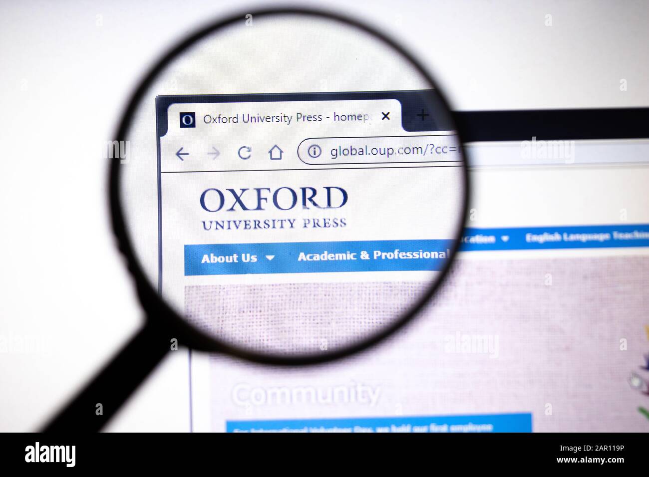 Los Angeles, California, USA - 23 January 2020: Oxford University Press website page. Oup.com logo on display screen, Illustrative Editorial Stock Photo